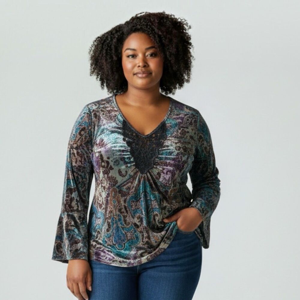 One World Burnout Velvet Tunic Paisley Top Plus Size 1X Teal Purple Boho Hippie